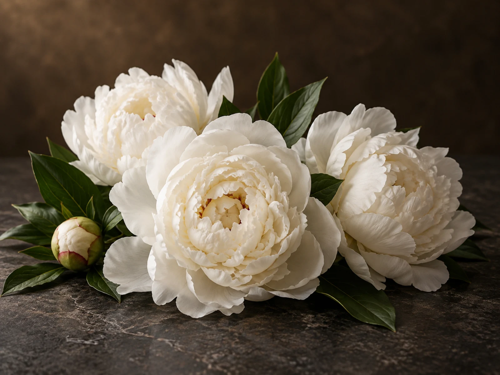 Peonie bianche aperte con foglie verdi su una superficie di pietra scura