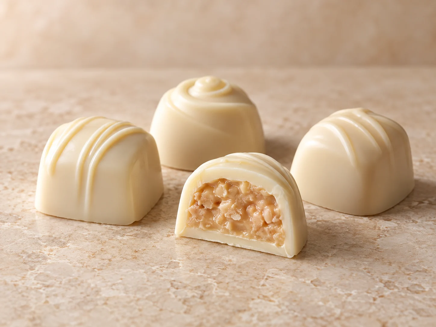 Praline color avorio con ripieno cremoso su pietra chiara