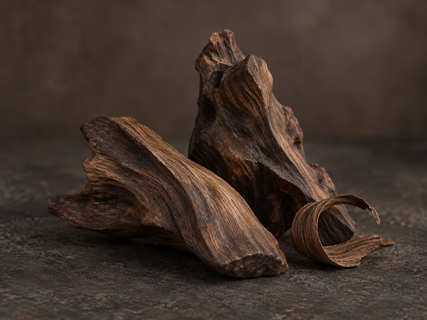 Frammenti di legno scuro e un truciolo su pietra: rappresentazione evocativa di Wolfwood.